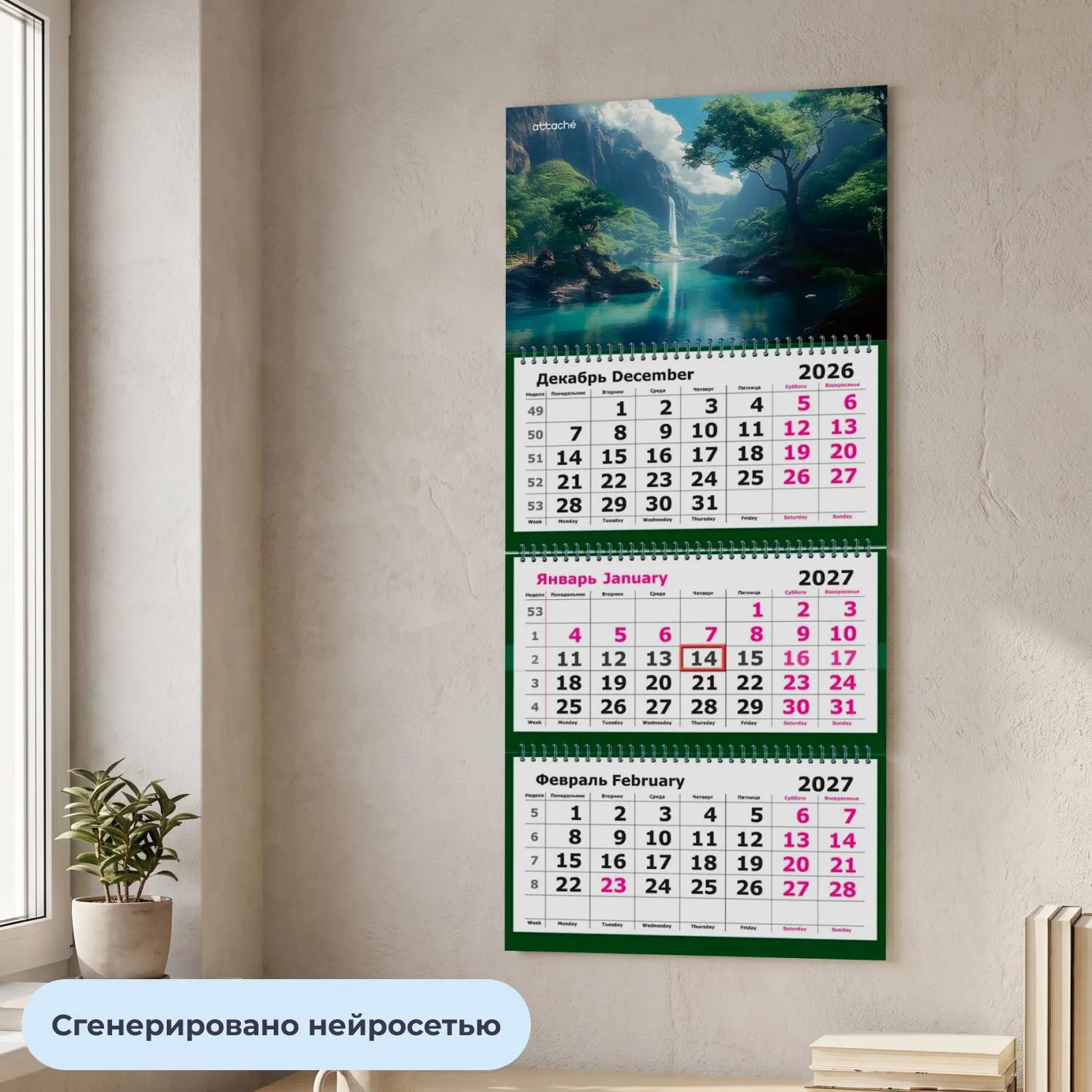 Календарь настенный 3-х блочный 2027 Attache Водопад 305х675мм - фото 4