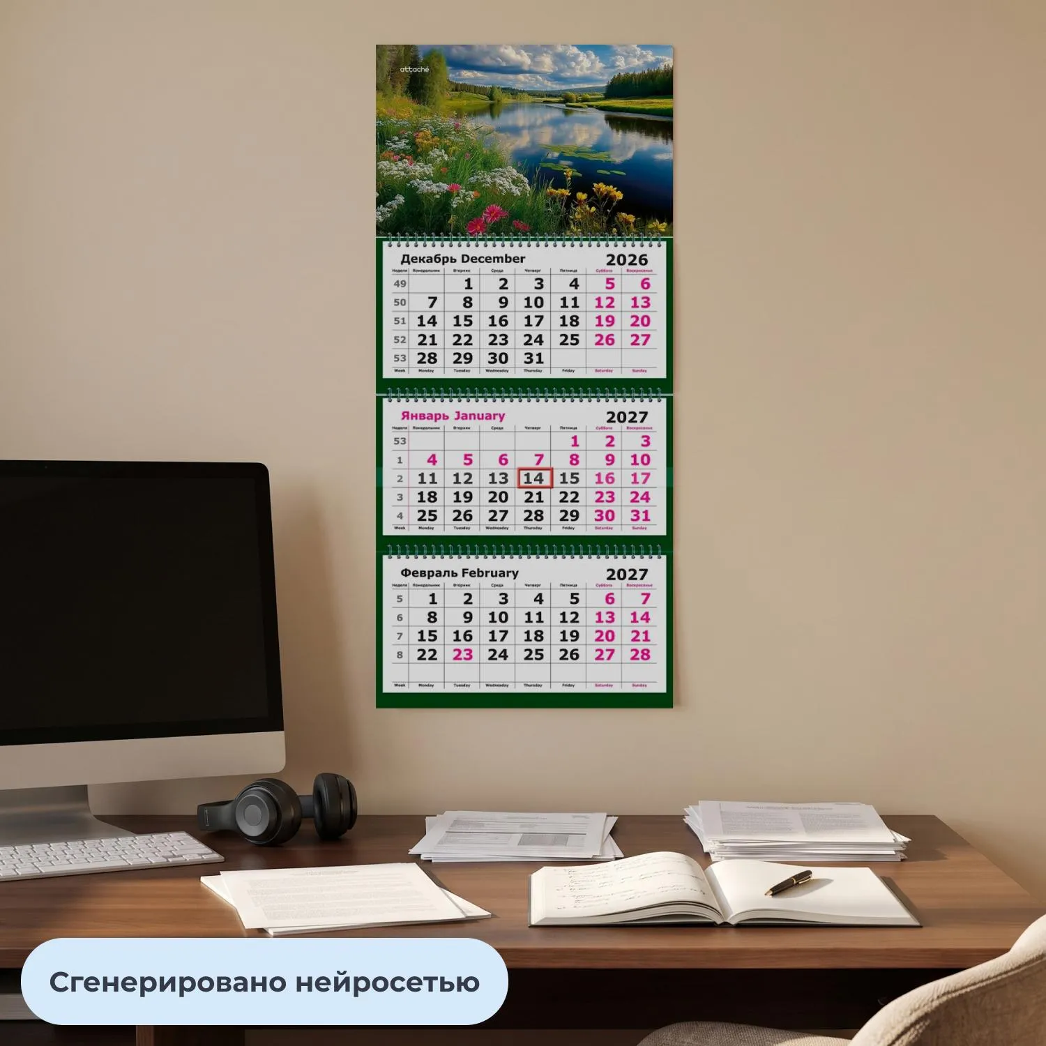 Календарь настенный 3-х блочный 2027 Attache Деревья у воды 305х675мм - фото 4