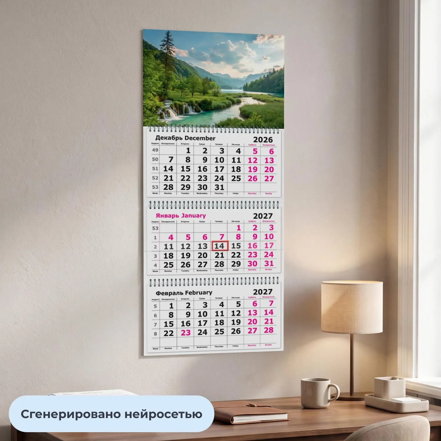 Календарь настенный 3-х блочный 2027 Attache река в горах 305х675мм - фото 4