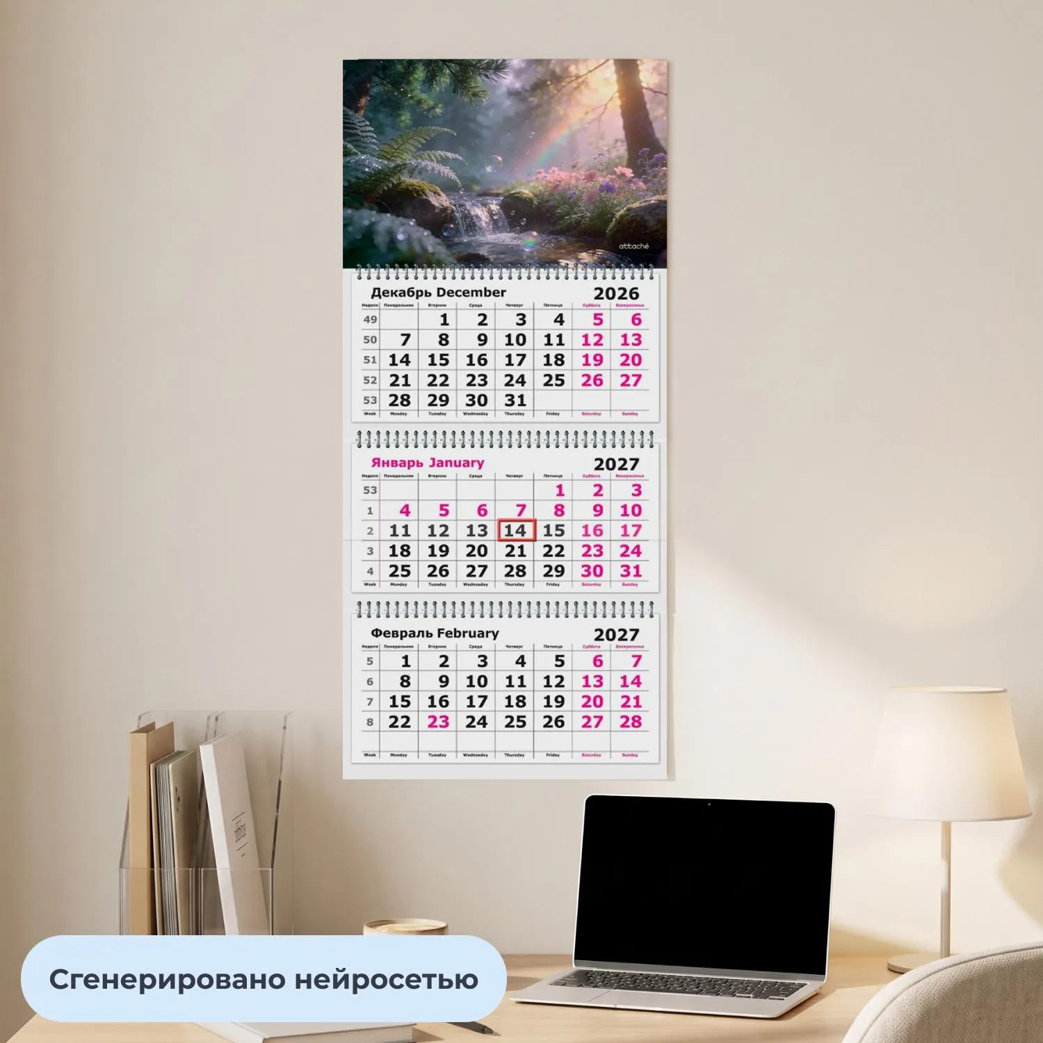 Календарь настенный 3-х блочный 2027 Attache утро в лесу 305х675мм - фото 4