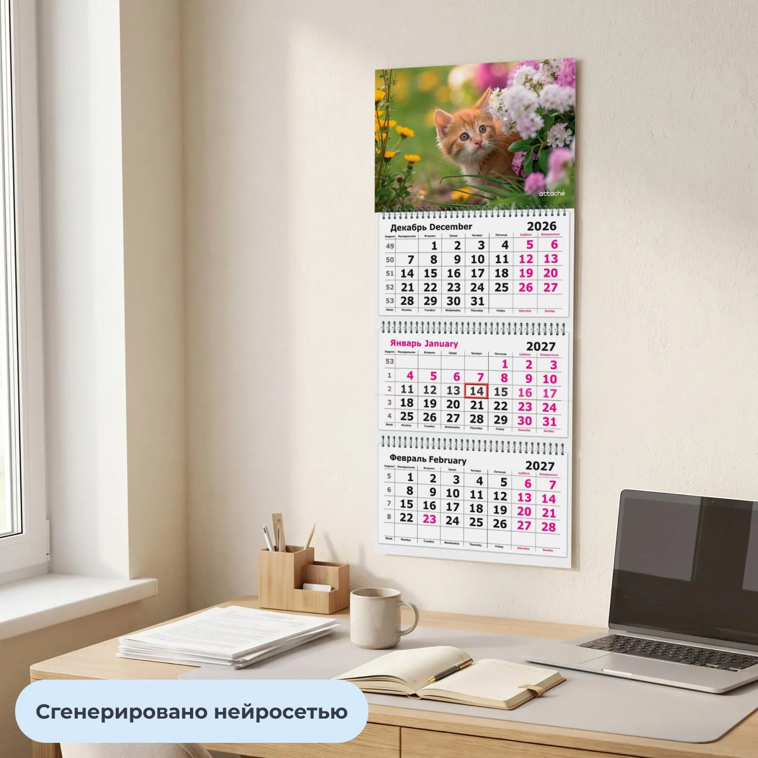 Календарь настенный 3-х блочный 2027 Attache котенок 305х675мм - фото 4