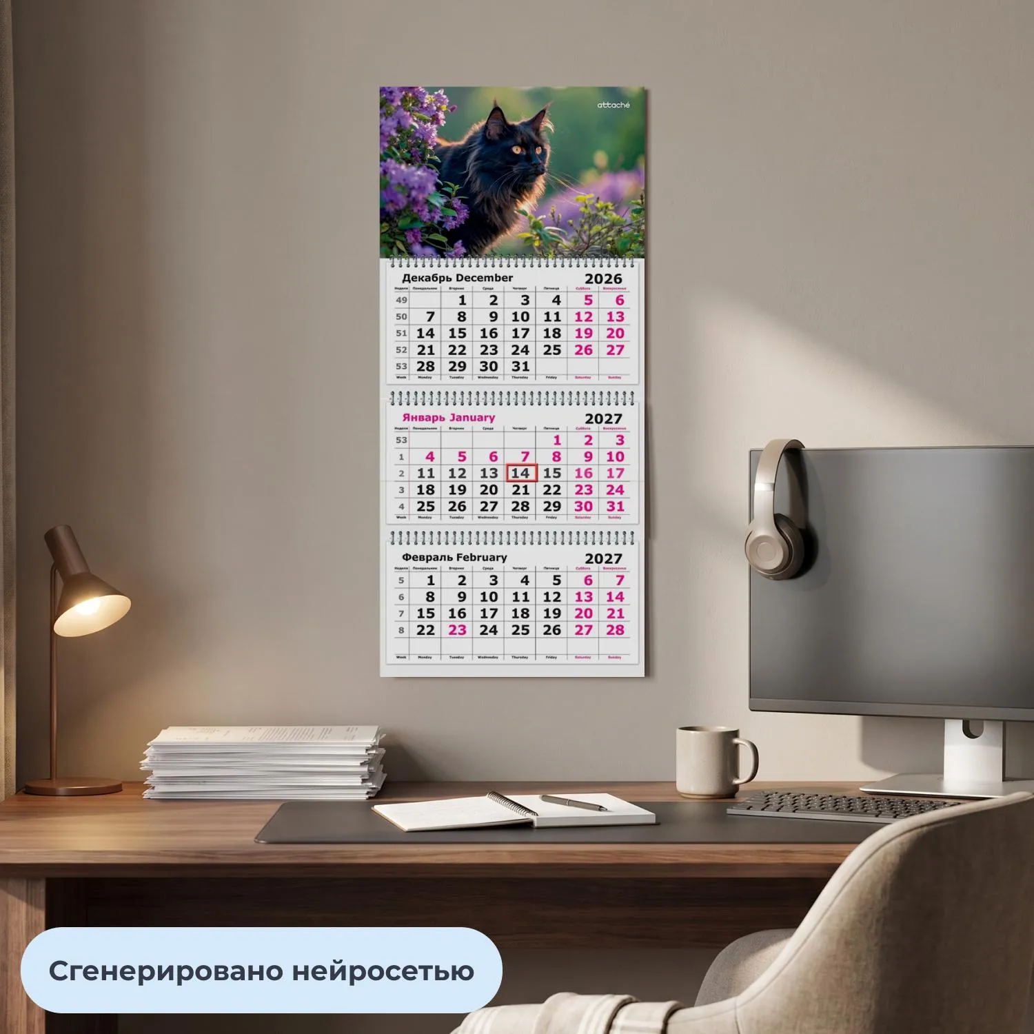Календарь настенный 3-х блочный 2027 Attache черный кот 305х675мм - фото 4