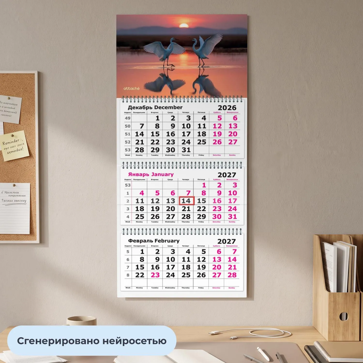 Календарь настенный 3-х блочный 2027 Attache танцующие птицы 305х675мм - фото 4
