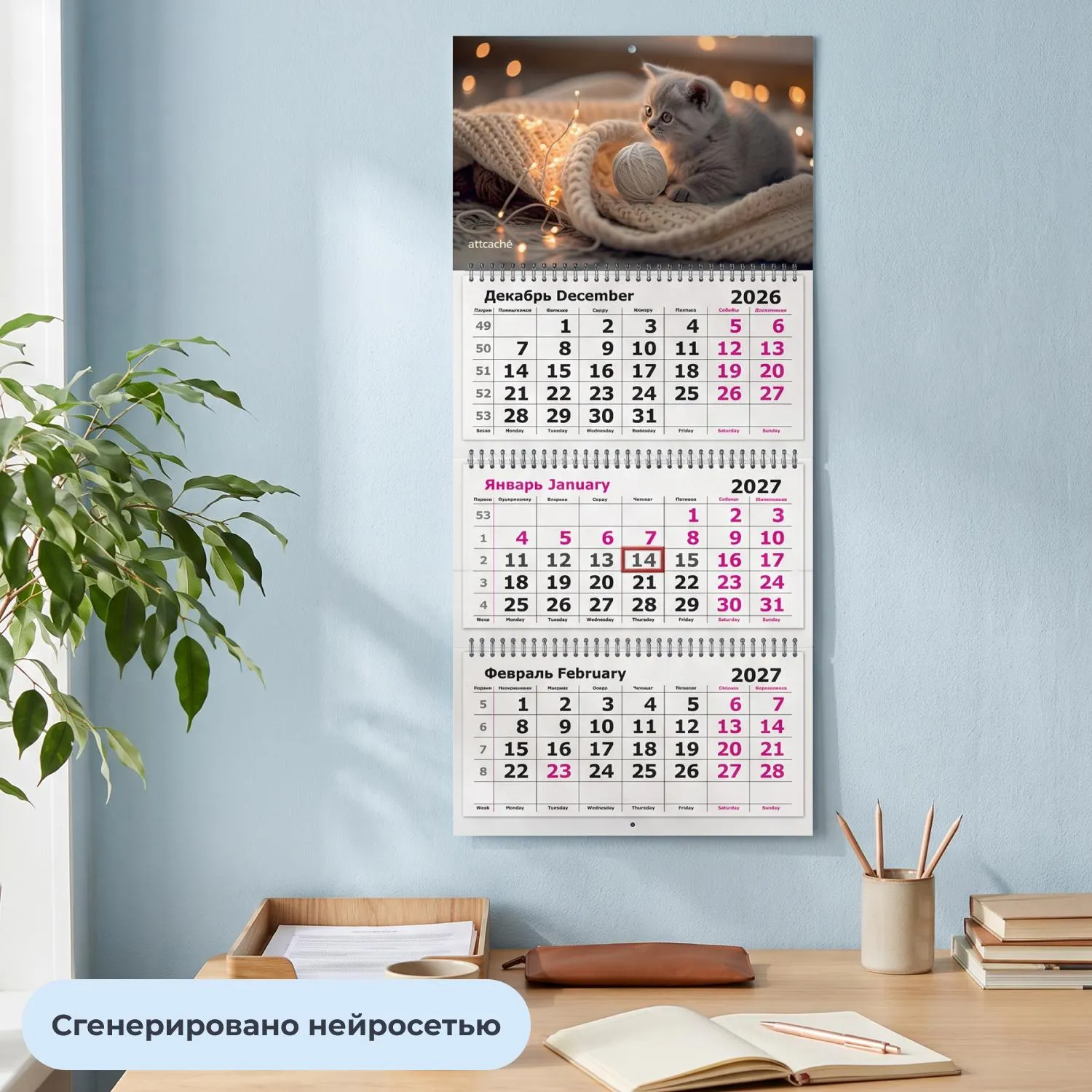 Календарь настенный 3-х блочный 2027 Attache котенок с клубком 305х675мм - фото 4