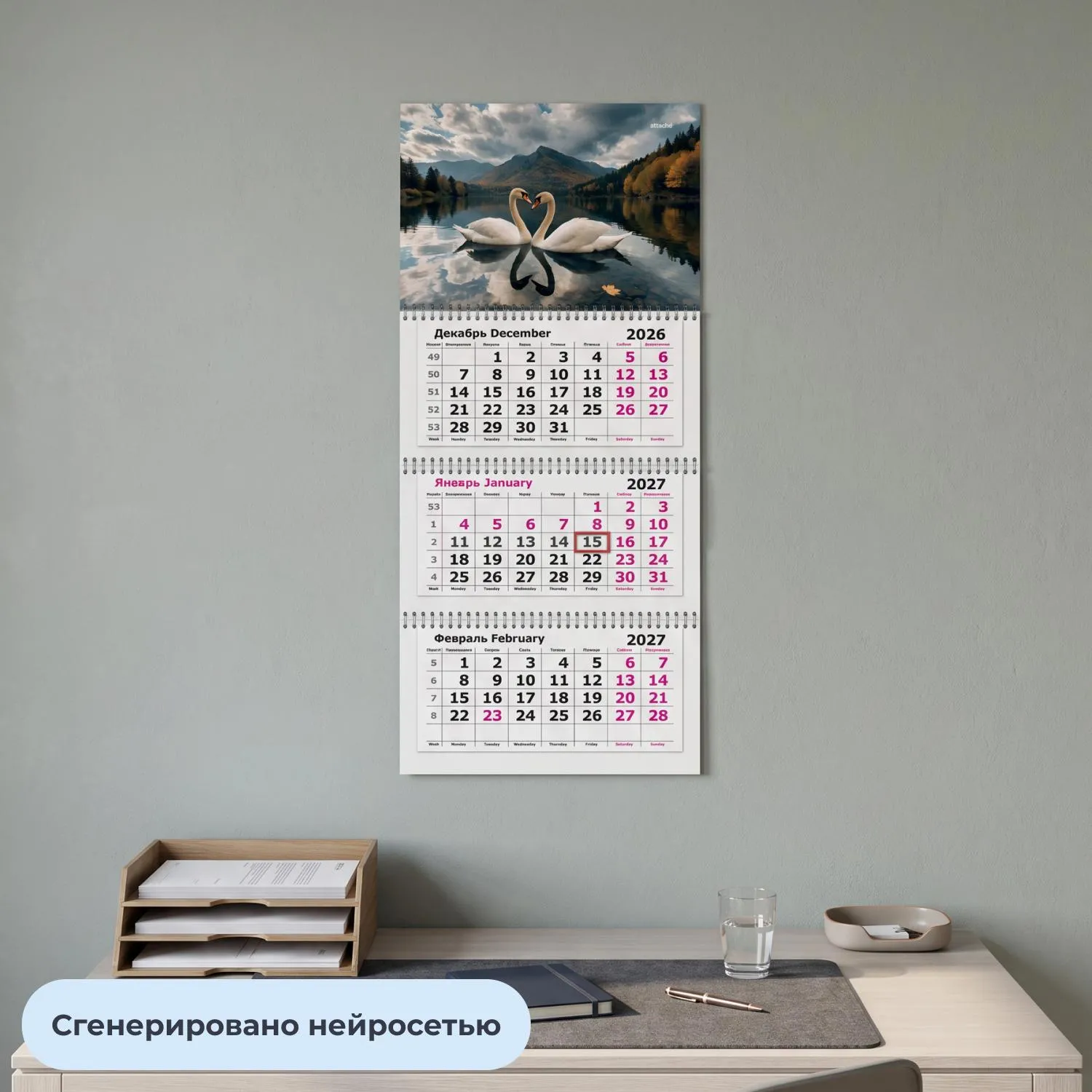 Календарь настенный 3-х блочный 2027 Attache Премиум Лебеди 330х705мм - фото 4