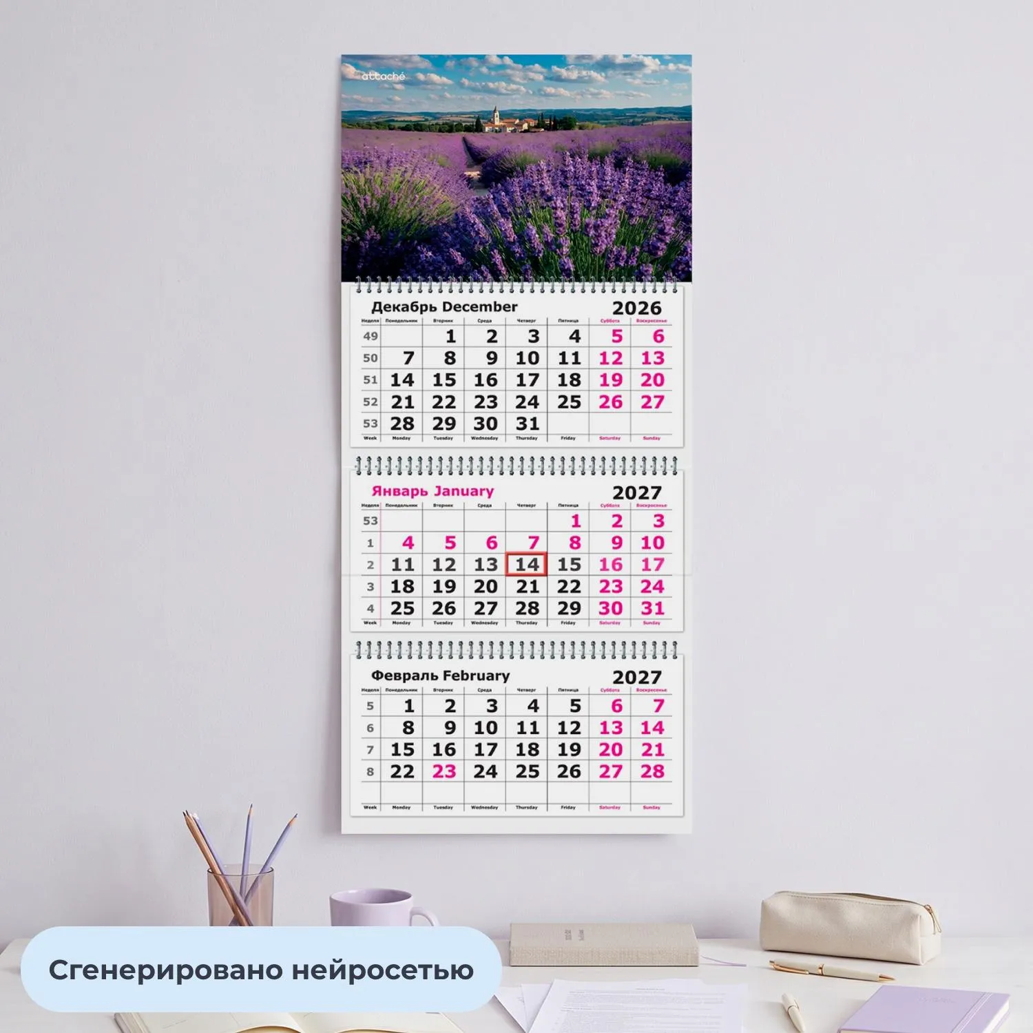 Календарь настенный 3-х блочный 2027 Attache лаванда 305х675мм - фото 4