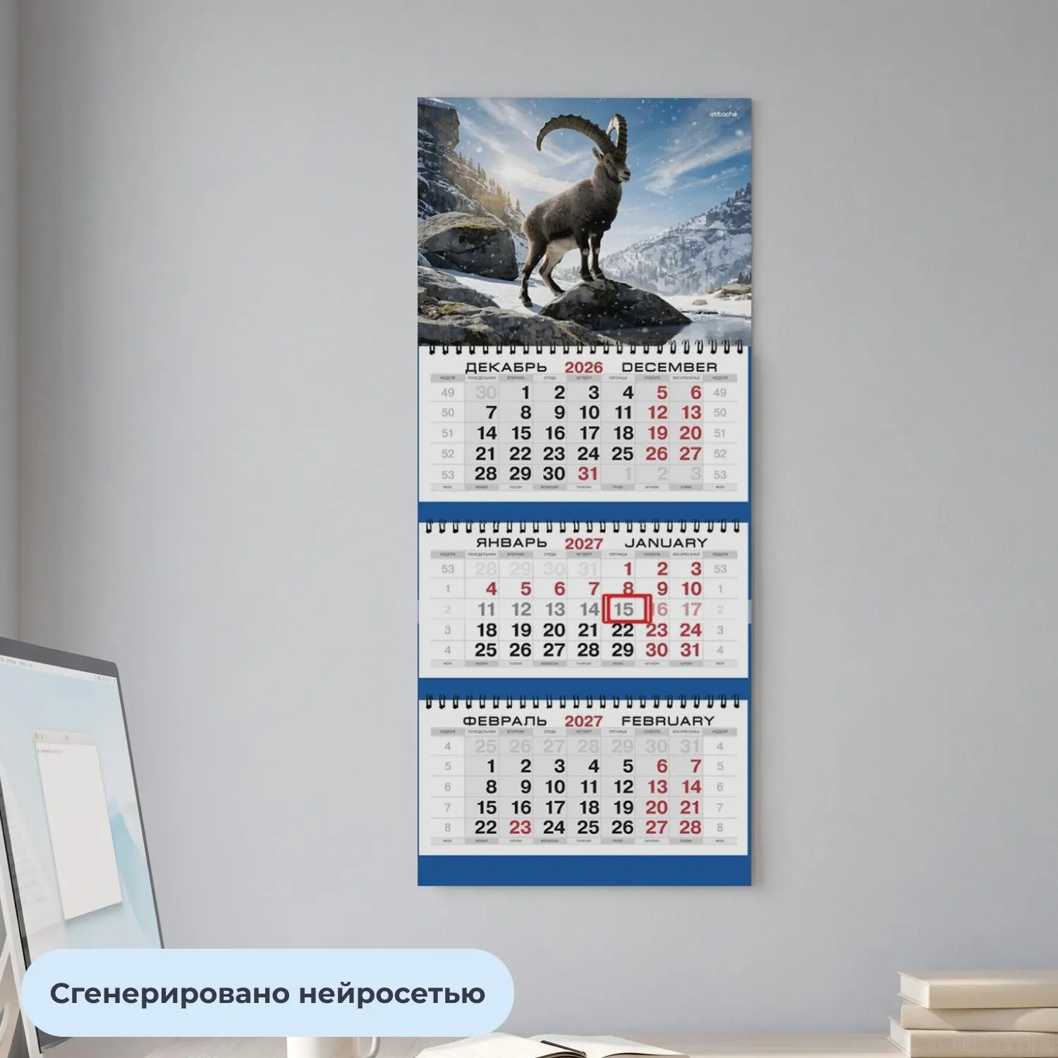 Календарь настенный 3-х блочный 2027 Attache Символ года Коза 295х710мм - фото 4