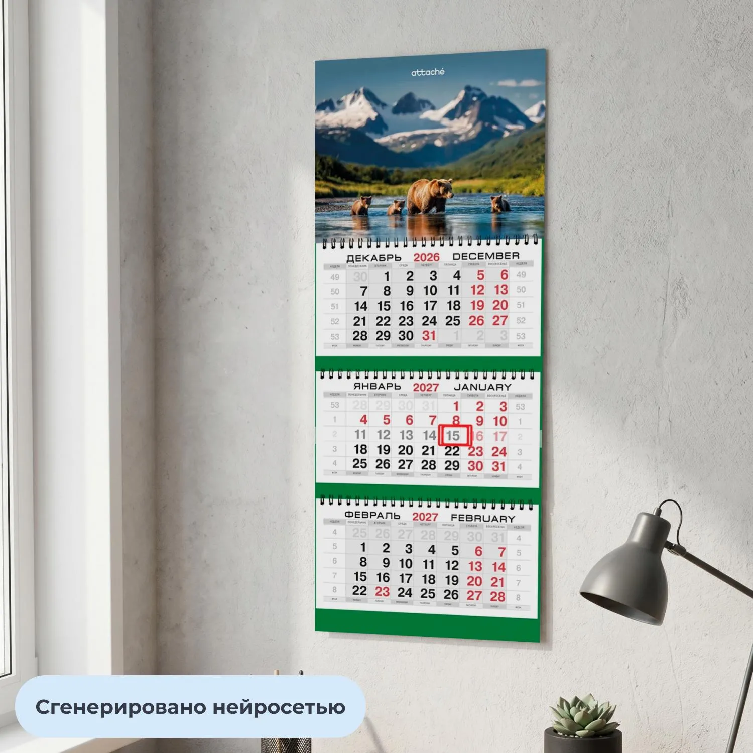 Календарь настенный 3-х блочный 2027 Attache Медведи 295х710мм - фото 4