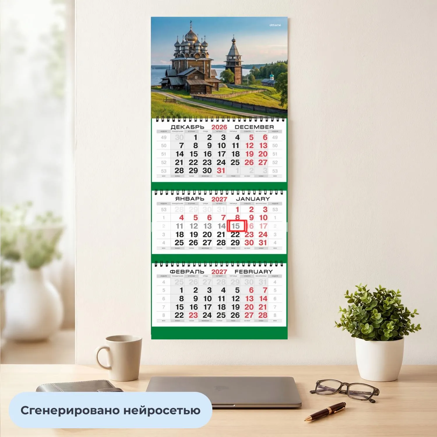 Календарь настенный 3-х блочный 2027 Attache Старинная церковь 295х710мм - фото 4