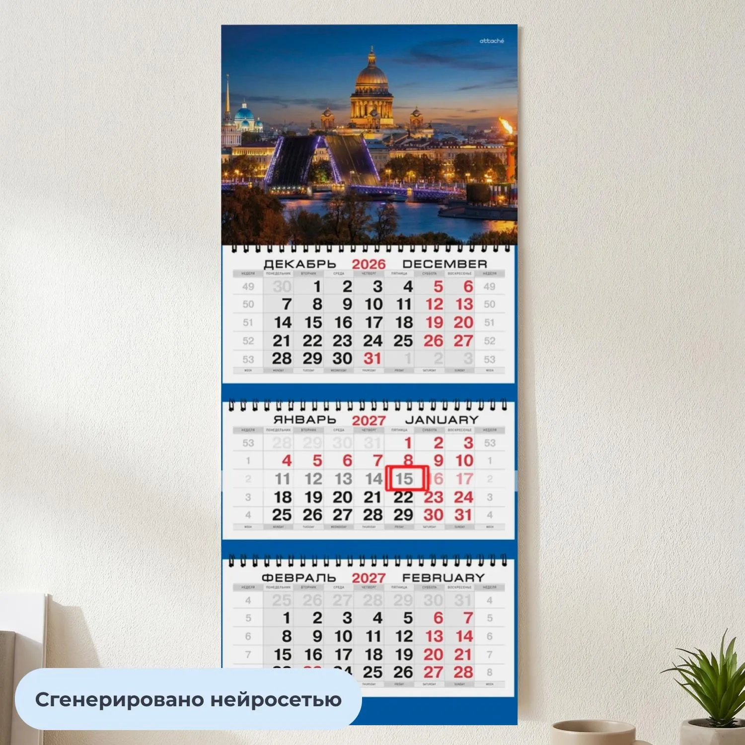 Календарь настенный 3-х блочный 2027 Attache Мост Питер 295х710мм - фото 4