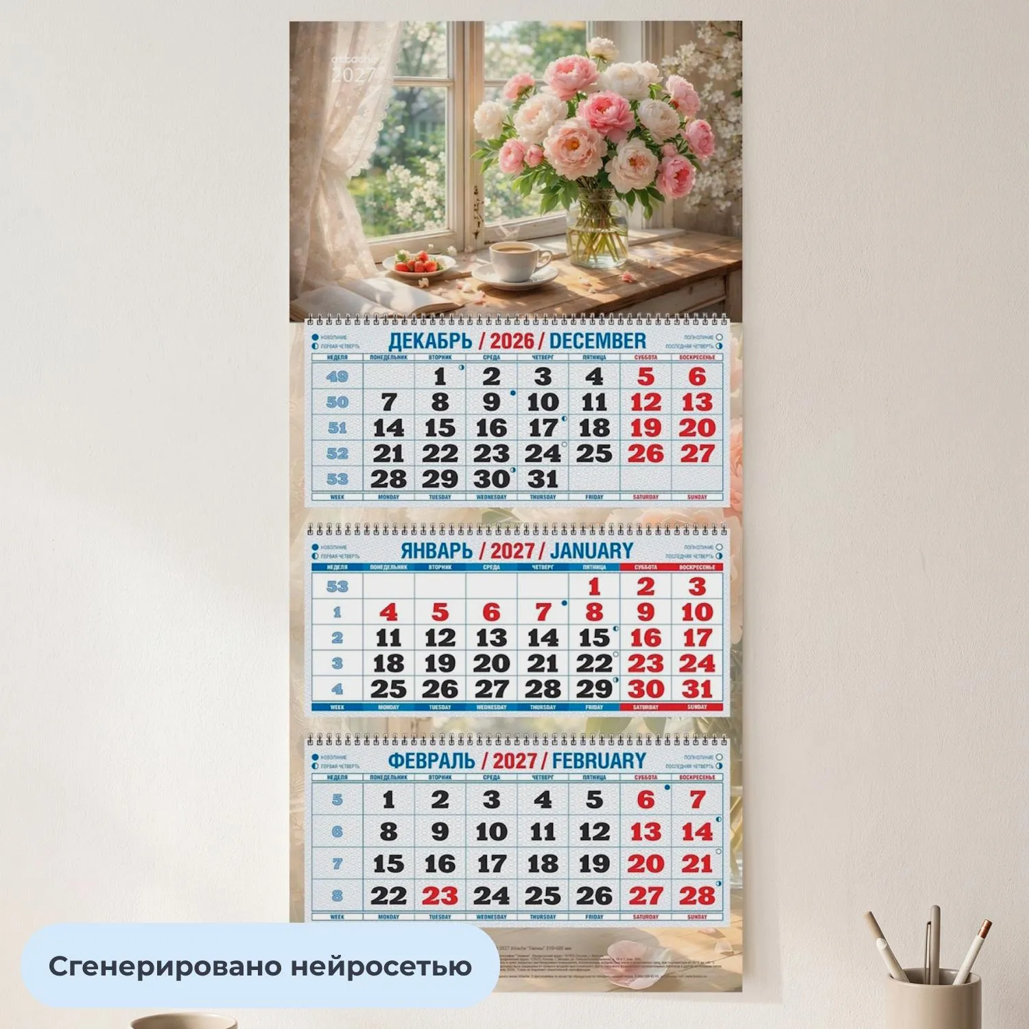 Календарь настенный 3-х блочный 2027 Attache Пионы 310х680мм - фото 4