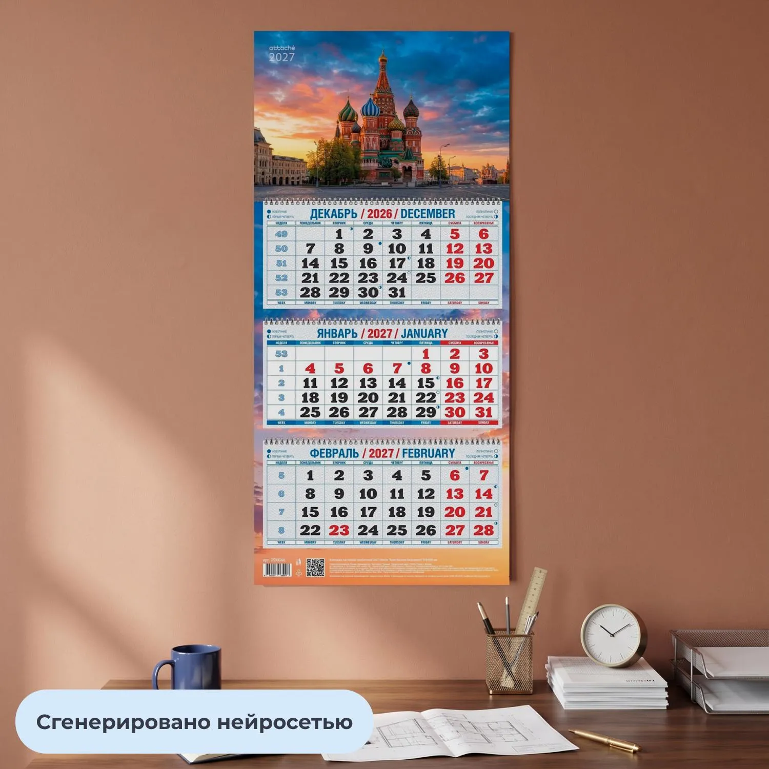 Календарь настенный 3-х блочный 2027 Attache Храм Василия Блаженн. 310х680 - фото 4