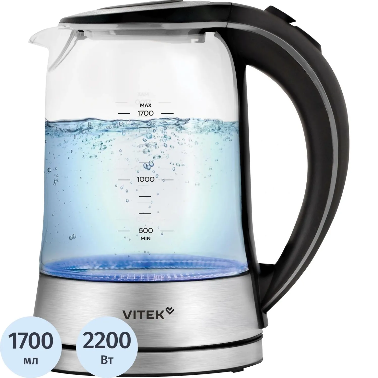 Чайник Vitek VT-WK1009 1.7л. 2200Вт черный/серый корп.:стекло - фото 1