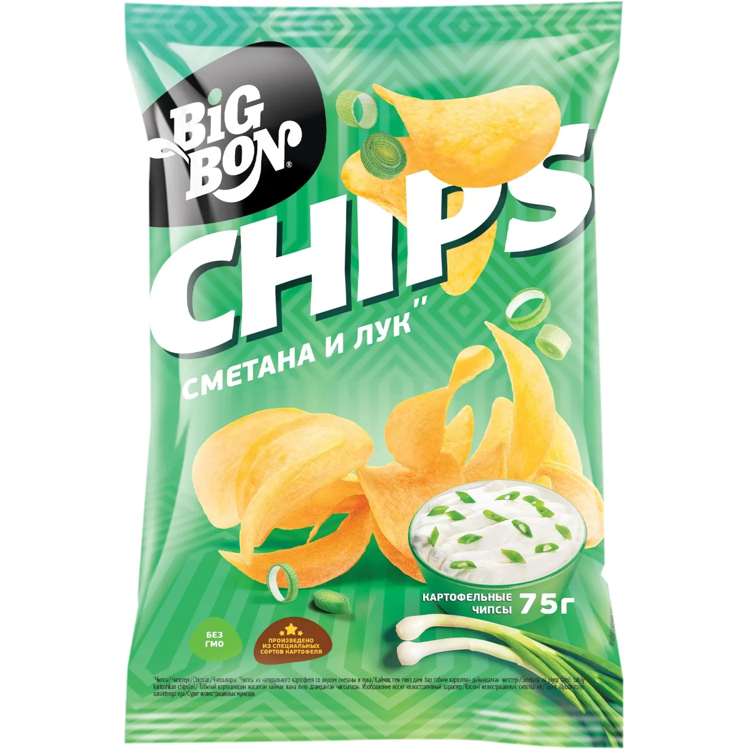 Чипсы BIGBON CHIPS из натурального картофеля со вкусом Сметаны и лука, 75г - фото 1