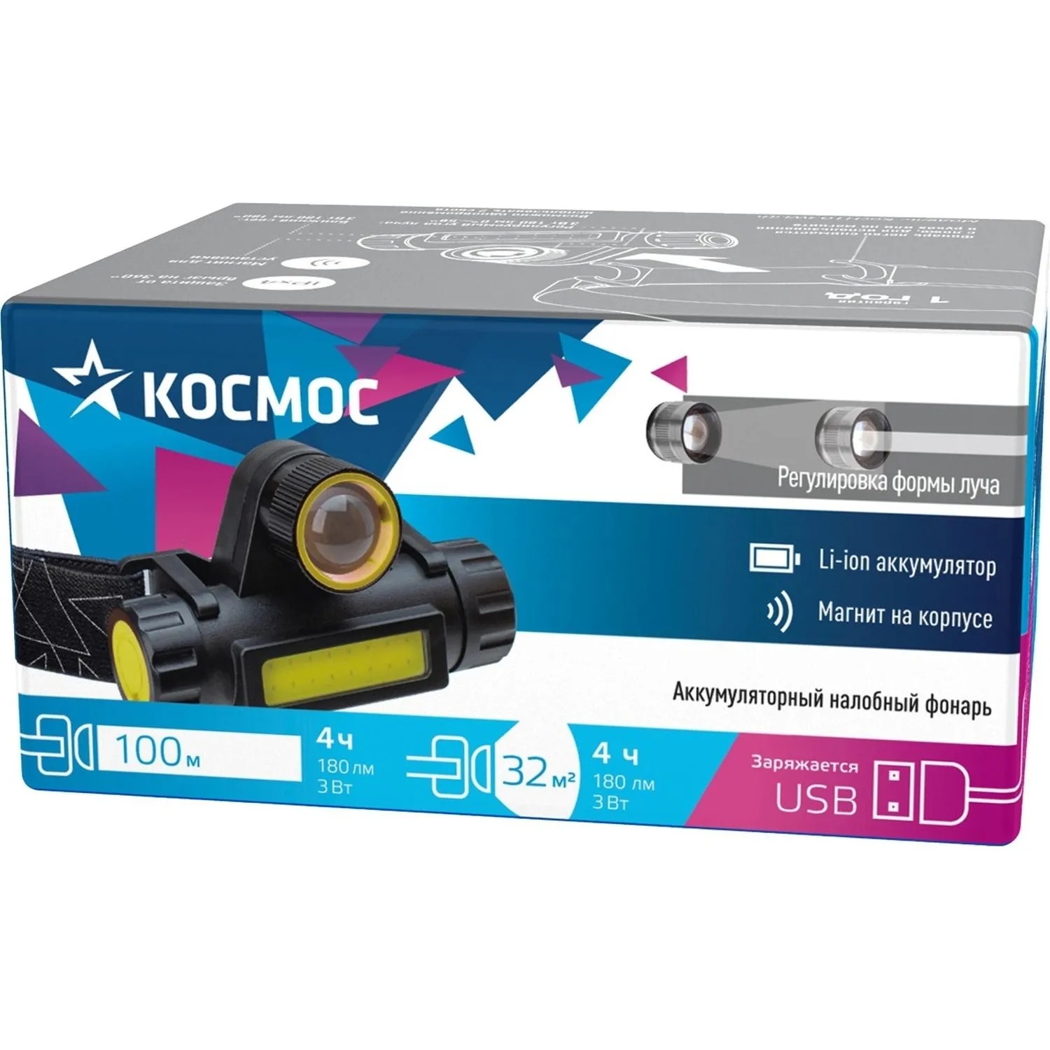 Фонарь налобный КОСМОС KocH103WLith ,аккумуляторный - фото 3