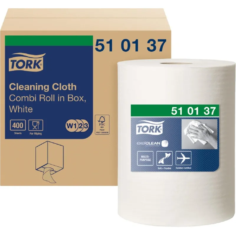 Материал протирочный нетканый Tork W1/W2/W3 400лx1рул/кор, белый 510137 - фото 1