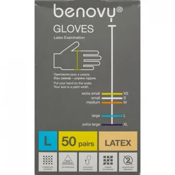 Перчатки мед. смотров. латекс., нестер., с пудрой, Benovy (L) 50 пар/уп - фото 2