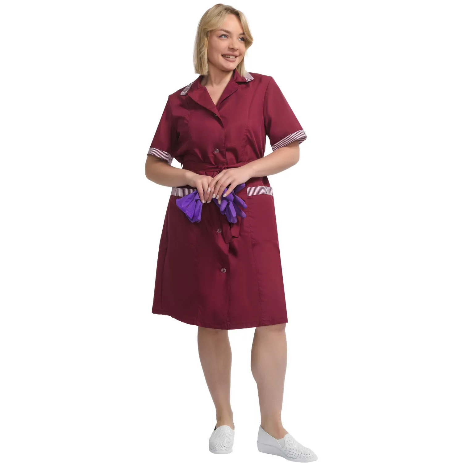 Халат для горничных и уборщиц у01-ХЛ кор.рукав бордо(р.60-62)158-164 - фото 15