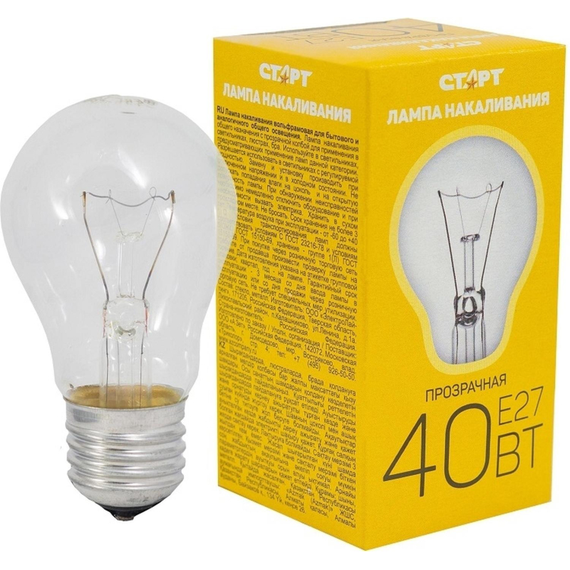 Лампа накаливания СТАРТ стандартная/прозрачная 40W E27 - фото 1