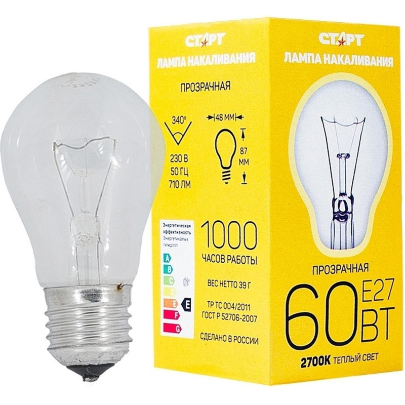 Лампа накаливания СТАРТ стандартная/прозрачная 60W E27 - фото 1