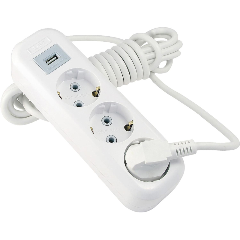 Удлинитель LUX У3-Е-USB-05 3-мест с з/к 250В 16А, USB 5В 1.3А, 5м, белый - фото 1