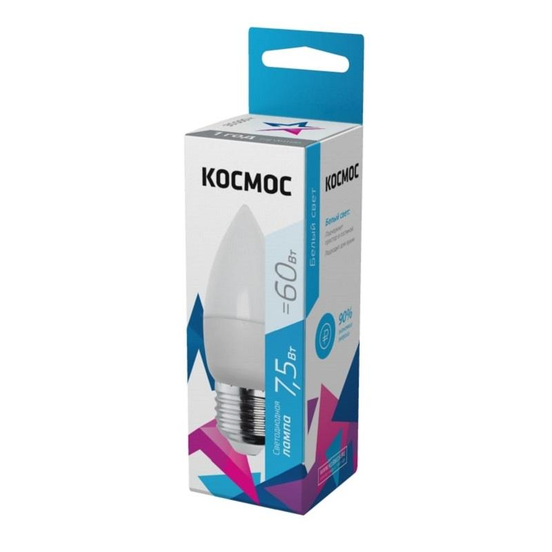 Лампа светодиодная Космос Экономик 7.5W E27 4500k бел.свеча - фото 1