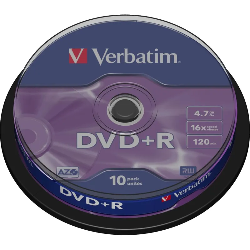 Носители информации DVD+R, 16x, Verbatim Azo Matt Silver, Cake/10, 43498 - фото 1