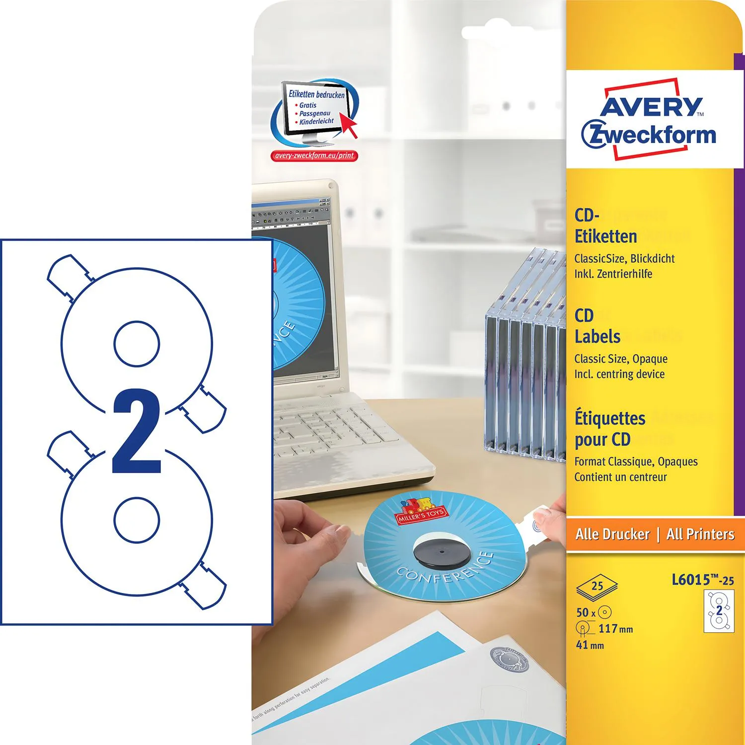 Этикетки самоклеящиеся для CD/DVD, д/41, 50 шт, Avery Zweckform, L6015-25 - фото 2