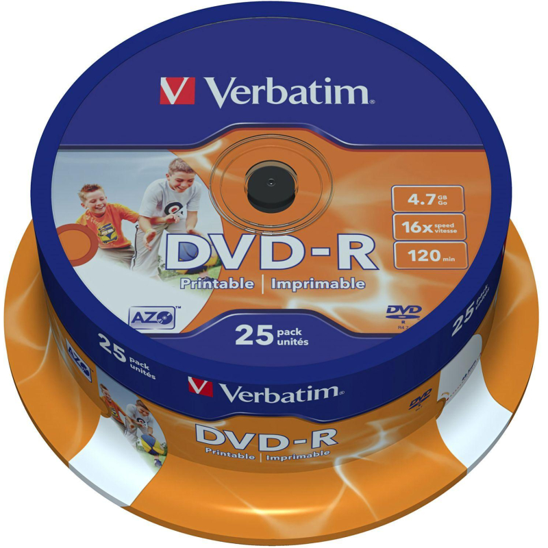 Носители информации DVD-R Printable, 16x, Verbatim Azo Wide, Cake/25, 43538 - фото 1