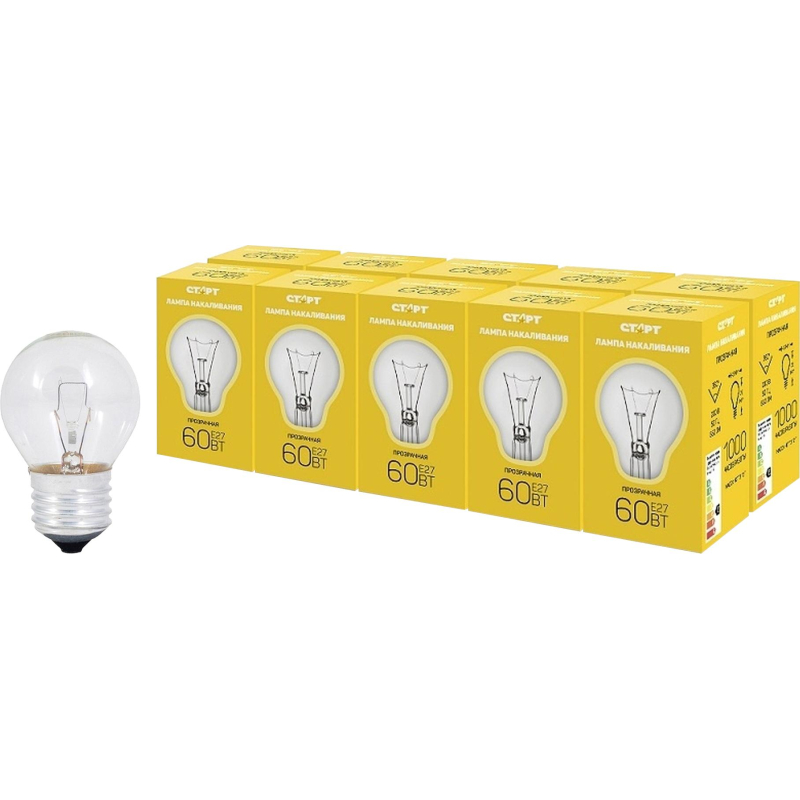 Лампа накаливания СТАРТ шарик/прозрачная 60W E27 10шт - фото 1