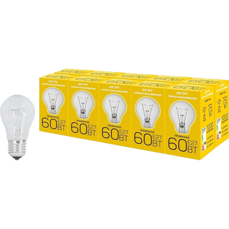 Лампа накаливания СТАРТ стандартная/прозрачная 60W E27 10 шт - фото 1