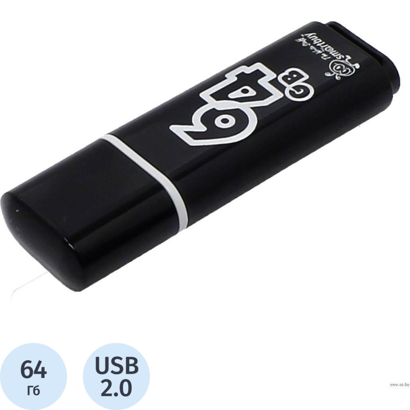 Флеш-память Smartbuy Glossy, 64Gb, USB 2.0, чер, SB64GBGS-K - фото 1