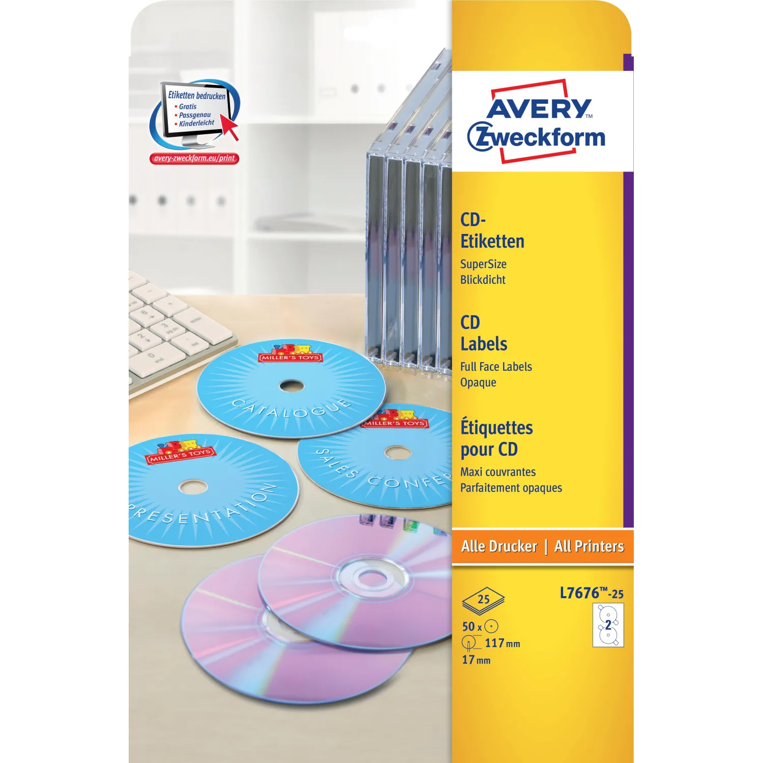 Этикетки самоклеящиеся для CD/DVD, д/17, 50 шт, Avery Zweckform, L7676-25 - фото 1