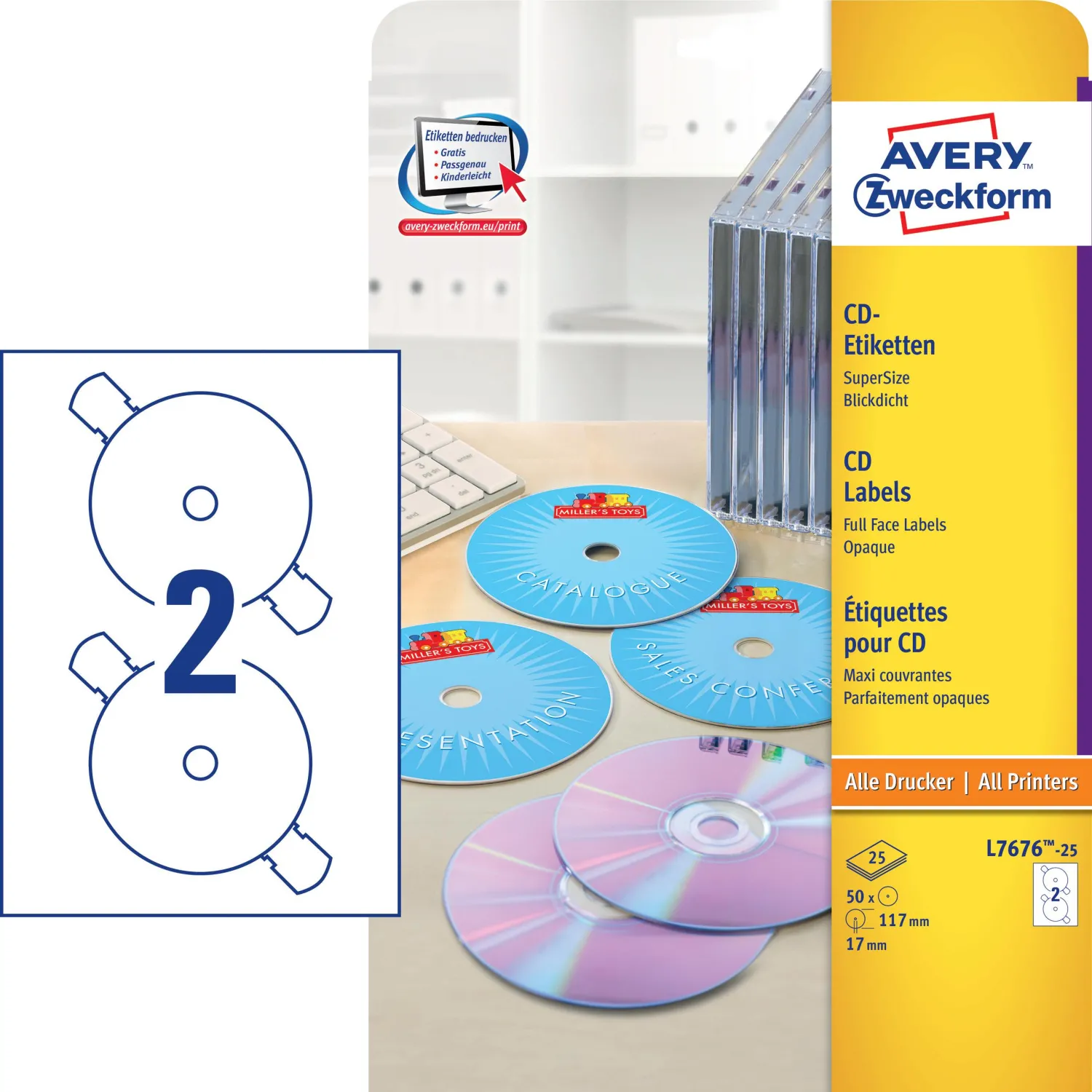 Этикетки самоклеящиеся для CD/DVD, д/17, 50 шт, Avery Zweckform, L7676-25 - фото 2