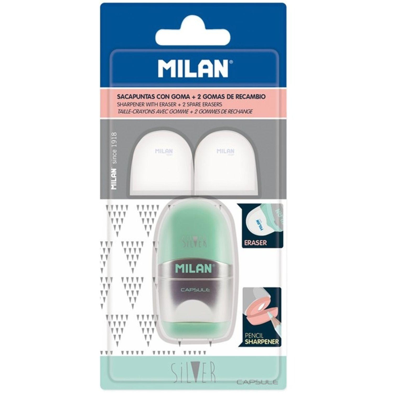 Ластик-точилка Milan CAPSULE SILVER+2 зап.ластика, цв в асс, блистBYM10356 - фото 9