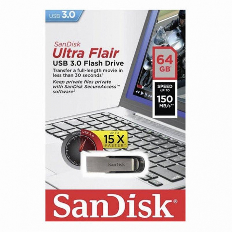 Флеш-память SanDisk Ultra Flair, 64Gb, USB 3.0, с/чер, SDCZ73-064G-G46 - фото 3