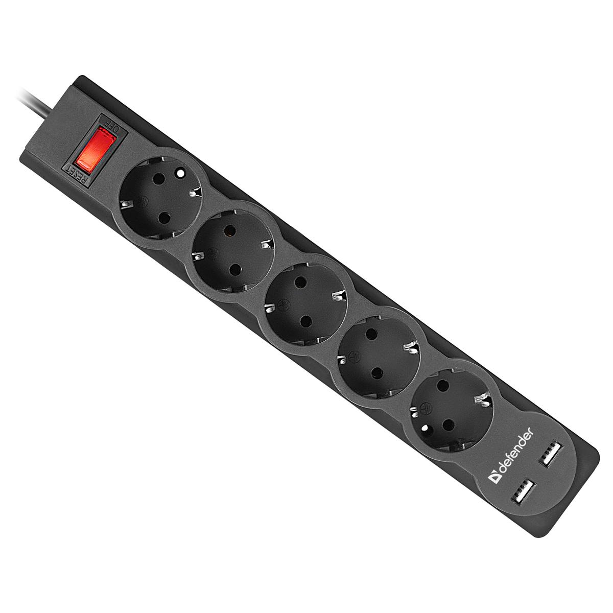 Сетевой фильтр Defender DFS 755 5 розеток 5,0м, 2xUSB, 2.1A, черный - фото 1
