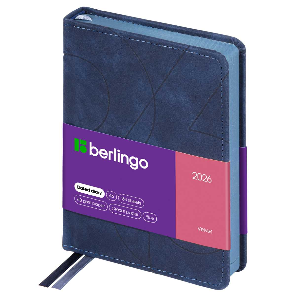 Ежедневник датированный 2026г., А6, 184л., кожзам, Berlingo "Velvet", цветной срез, синий - фото 1