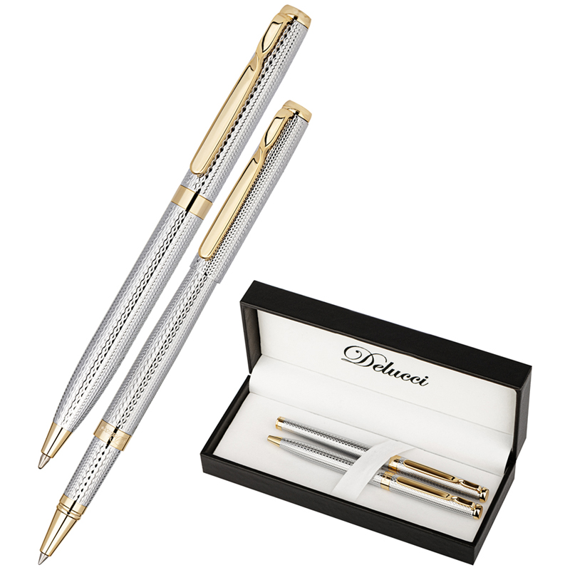 Набор Delucci "Celeste": ручка шарик. 1мм и ручка-роллер, 0,6мм, синие, корпус сер./зол.,подарочная упаковка - фото 2