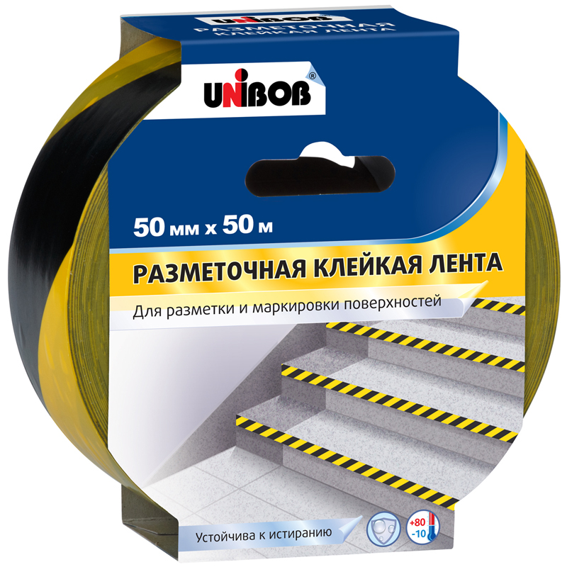 Клейкая лента разметочная 50 мм х 50 м, желто-черная, UNIBOB, основа-ПВХ, европодвес, 48905 - фото 1