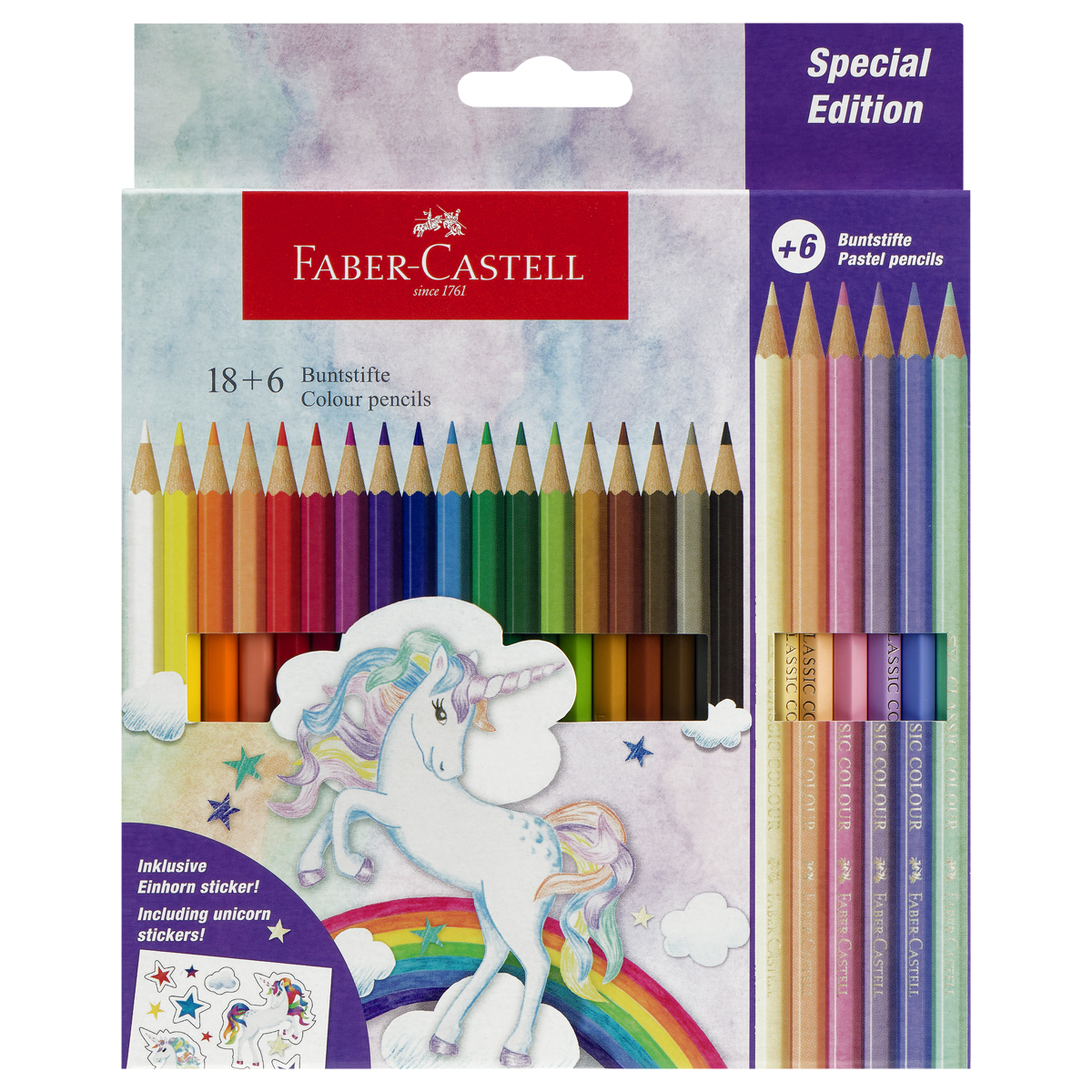 Карандаши цветные Faber-Castell "Unicorn", 18цв., шестигр., заточ.+6 паст. цв., картон, европодвес - фото 1