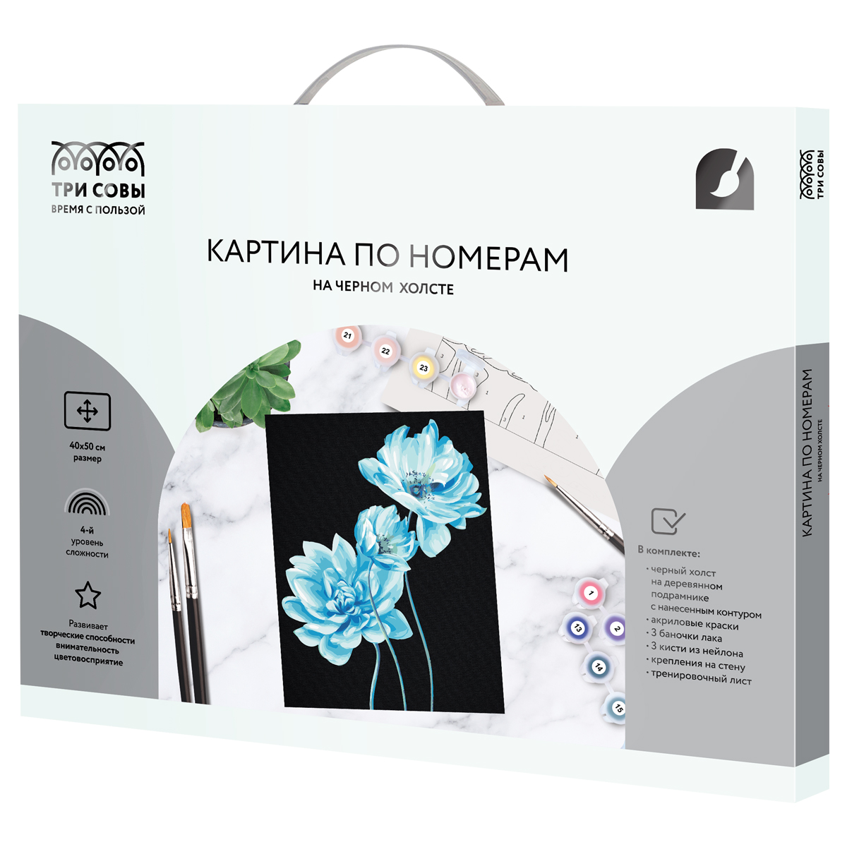 Картина по номерам на черном холсте ТРИ СОВЫ "Голубые цветы", 40*50, c акриловыми красками и кистями - фото 2