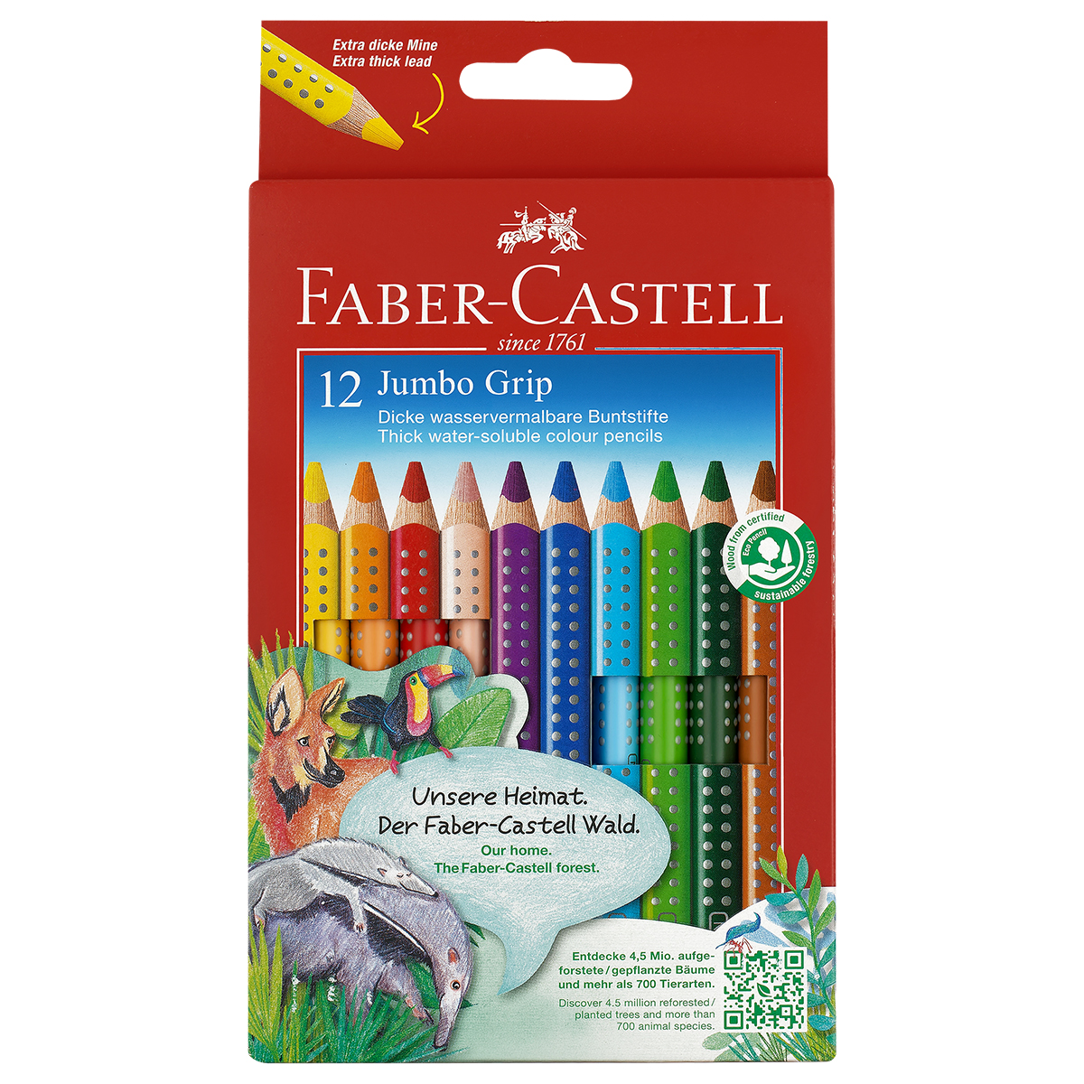 Карандаши цветные Faber-Castell "Jumbo Grip", 12цв., трехгран., утолщен., заточен., картон, европодв - фото 1