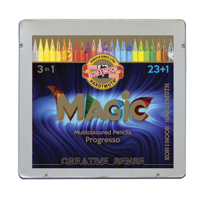 Карандаши с многоцветным грифелем цельнографитные Koh-I-Noor "Progresso Magic 8774", 23шт.+ карандаш-блендер., заточен., в лаке, металл. коробка - фото 1