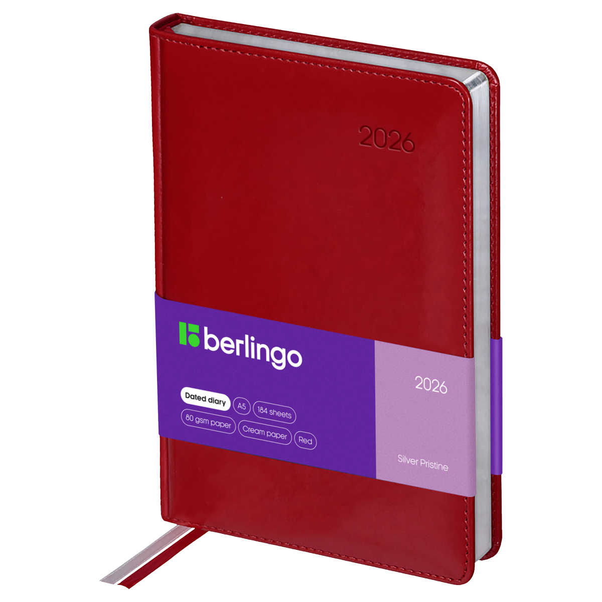 Ежедневник датированный 2026г., А5, 184л., кожзам, Berlingo "Silver Pristine", сер. срез, красный - фото 1
