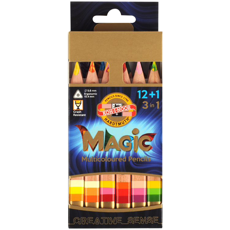 Карандаши с многоцв. гриф. Koh-I-Noor "Magic", 13цв., утолщен, заточ, точилка+ластик, картон, европодвес - фото 1