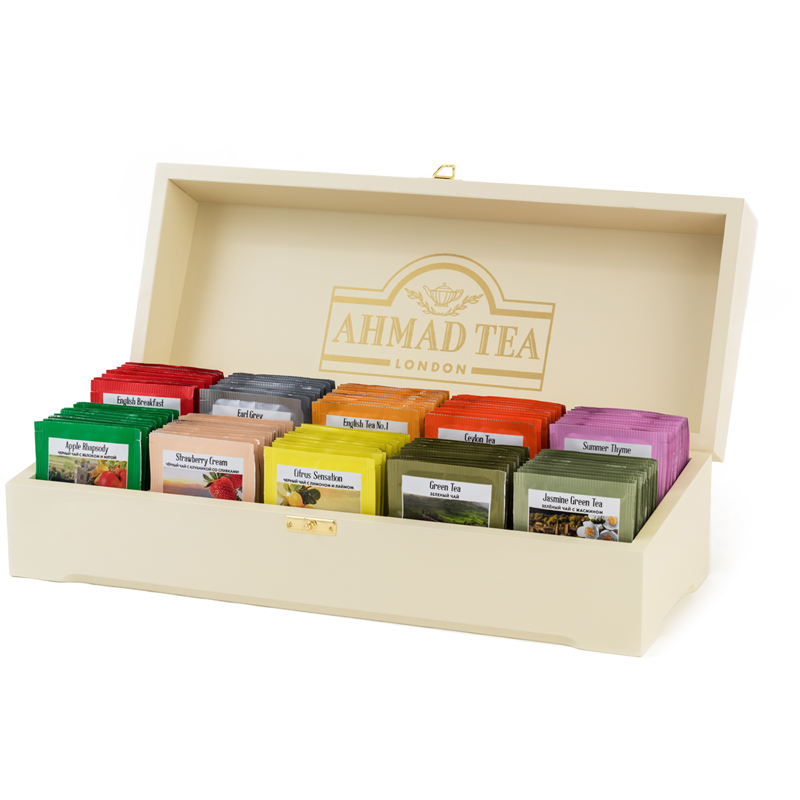 Подарочный набор чая Ahmad Tea "Коллекция", 10 видов, 100 фольг. пакетиков, деревянная шкатулка - фото 1