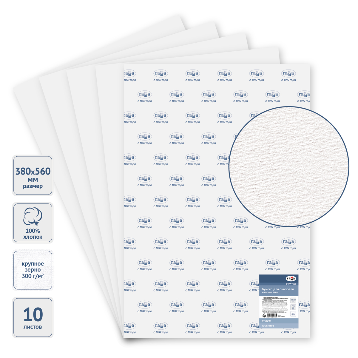 Бумага для акварели, 10л., 380*560мм, Гамма "Студия", 300г/м2, крупное зерно, 100% хлопок - фото 1