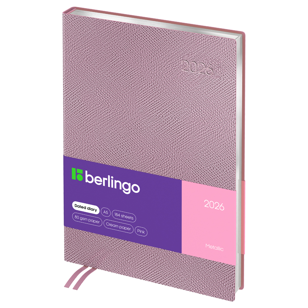 Ежедневник датированный 2026г., А5, 184л., кожзам, Berlingo "Metallic", сер. срез, розовый металлик - фото 1