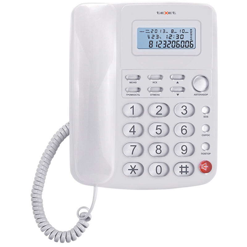 Телефон проводной Texet TX-250, ЖК дисплей, повторный набор, белый - фото 1